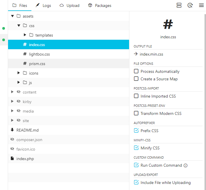 Screenshot of Prepros file explorer with customization panel